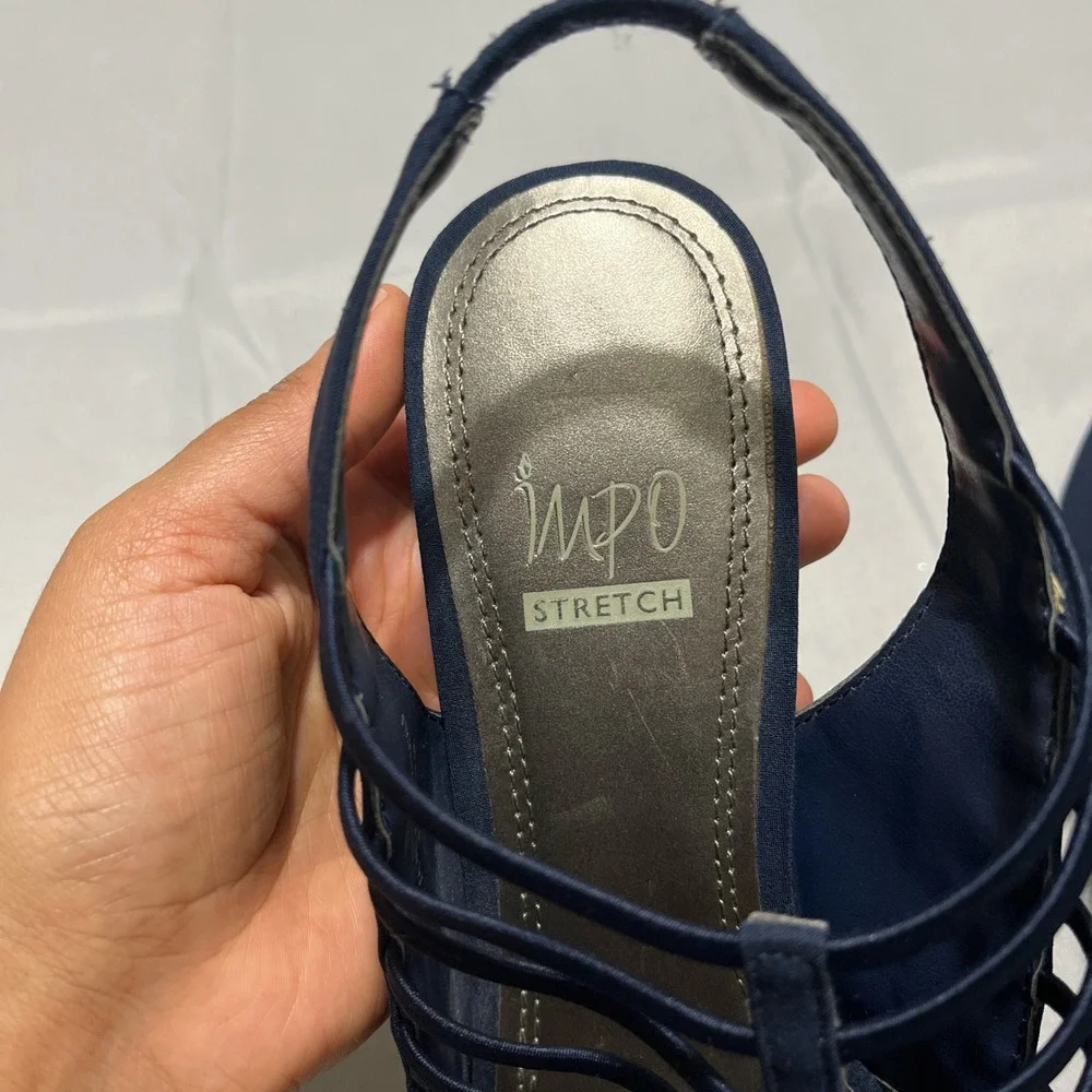 Impo‎ Stretch Navy Strappy Size 9M Open Toe Slingback Heels Comfort Dress Shoes